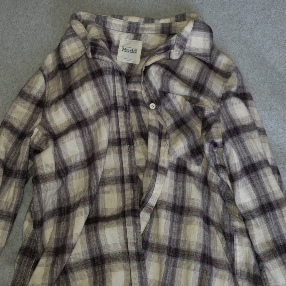 a grey, white, and red flannel